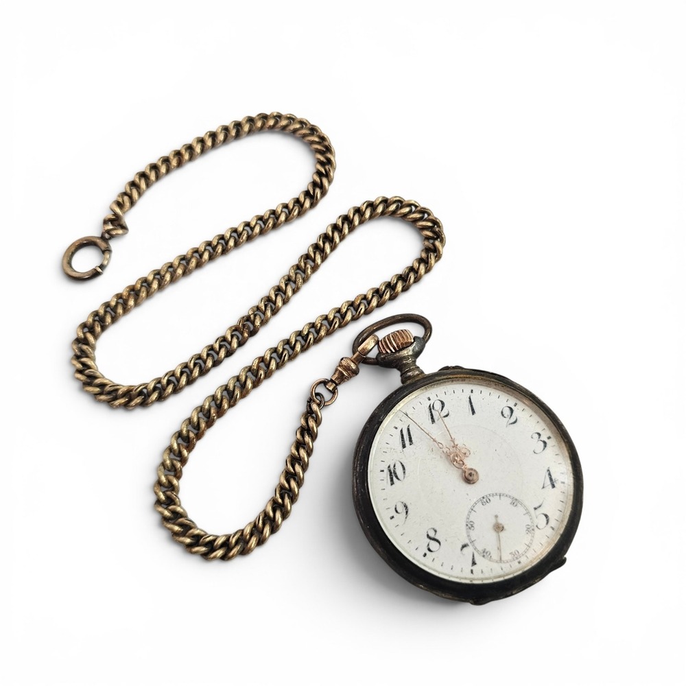 Antique 0.800 Silver Pocket Watch Cylinder 10 Steine Jewel Manual Wind Chain